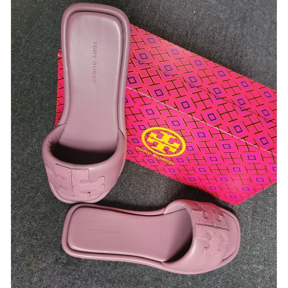 Tory Burch Double T Sport Slide Cipria Size 6.5 Leather Dusty Purple New In Box